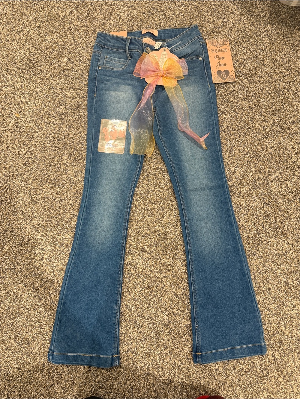 Squeeze Blue Girls' Flare Jeans with Rainbow Bow Accent
